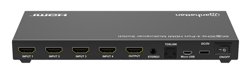 Manhattan HDMI 4K multiviewer/switch met 4 poorten, 4 ingangen naar 1 scherm, 4K@30 Hz, PiP en dual/quad-weergave, knop of afstandsbediening, audio 3,5 mm en Toslink, zwart, 3 jaar garantie