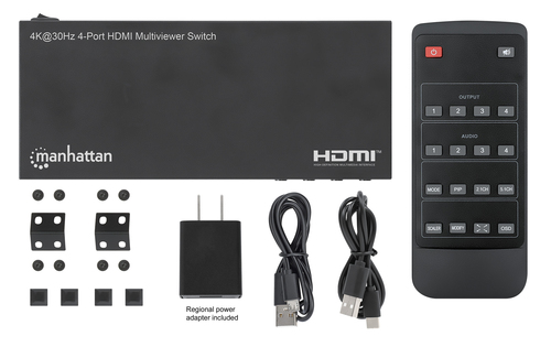 Manhattan HDMI 4K multiviewer/switch met 4 poorten, 4 ingangen naar 1 scherm, 4K@30 Hz, PiP en dual/quad-weergave, knop of afstandsbediening, audio 3,5 mm en Toslink, zwart, 3 jaar garantie