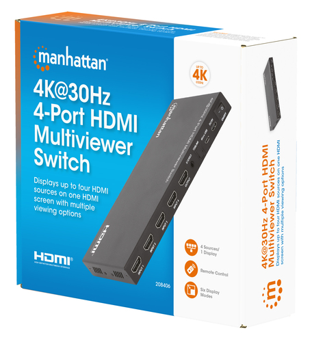 Manhattan HDMI 4K multiviewer/switch met 4 poorten, 4 ingangen naar 1 scherm, 4K@30 Hz, PiP en dual/quad-weergave, knop of afstandsbediening, audio 3,5 mm en Toslink, zwart, 3 jaar garantie