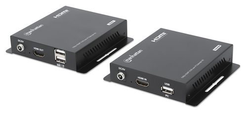 Manhattan HDMI KVM-extenderkit 1080p via IP, verlengt het signaal 1080p@60 Hz tot 120 m via Cat6 Ethernetkabel of IP-netwerk, zender en ontvanger, USB-A-poorten voor pc, muis en toetsenbord, zwart, 3 jaar garantie
