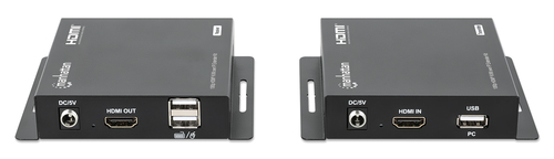 Manhattan HDMI KVM-extenderkit 1080p via IP, verlengt het signaal 1080p@60 Hz tot 120 m via Cat6 Ethernetkabel of IP-netwerk, zender en ontvanger, USB-A-poorten voor pc, muis en toetsenbord, zwart, 3 jaar garantie