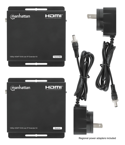 Manhattan HDMI KVM-extenderkit 1080p via IP, verlengt het signaal 1080p@60 Hz tot 120 m via Cat6 Ethernetkabel of IP-netwerk, zender en ontvanger, USB-A-poorten voor pc, muis en toetsenbord, zwart, 3 jaar garantie