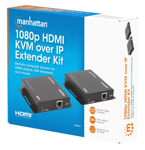 Manhattan HDMI KVM-extenderkit 1080p via IP, verlengt het signaal 1080p@60 Hz tot 120 m via Cat6 Ethernetkabel of IP-netwerk, zender en ontvanger, USB-A-poorten voor pc, muis en toetsenbord, zwart, 3 jaar garantie