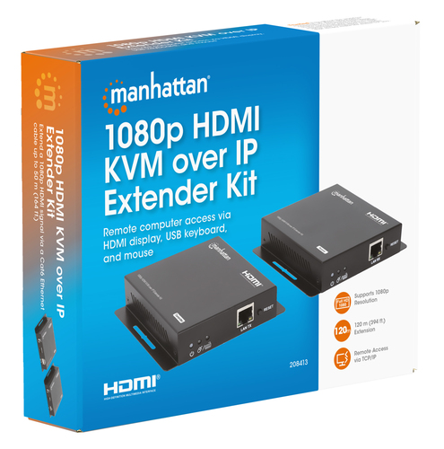 Manhattan HDMI KVM-extenderkit 1080p via IP, verlengt het signaal 1080p@60 Hz tot 120 m via Cat6 Ethernetkabel of IP-netwerk, zender en ontvanger, USB-A-poorten voor pc, muis en toetsenbord, zwart, 3 jaar garantie