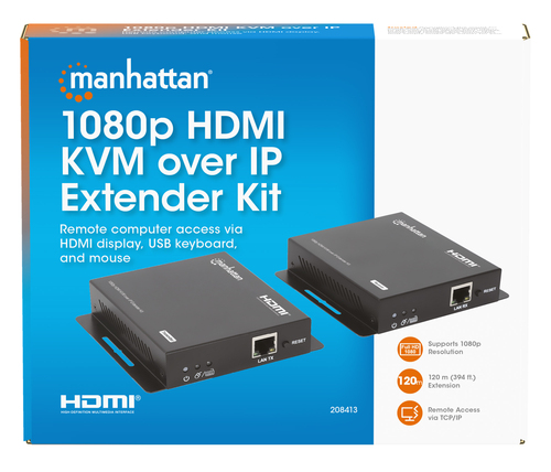 Manhattan HDMI KVM-extenderkit 1080p via IP, verlengt het signaal 1080p@60 Hz tot 120 m via Cat6 Ethernetkabel of IP-netwerk, zender en ontvanger, USB-A-poorten voor pc, muis en toetsenbord, zwart, 3 jaar garantie