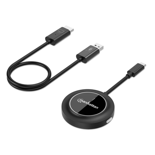 Manhattan Draadloze HDMI-presentatieset 1080p, 2-delige set met HDMI-ontvanger en USB-C-zender (dongle), voor draadloze videoweergave vanaf laptop, tablet of smartphone naar tv of HDMI-projector, zwart
