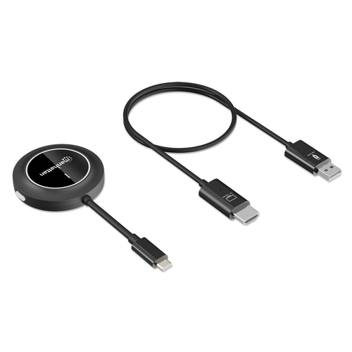 Manhattan Draadloze HDMI-presentatieset 1080p, 2-delige set met HDMI-ontvanger en USB-C-zender (dongle), voor draadloze videoweergave vanaf laptop, tablet of smartphone naar tv of HDMI-projector, zwart