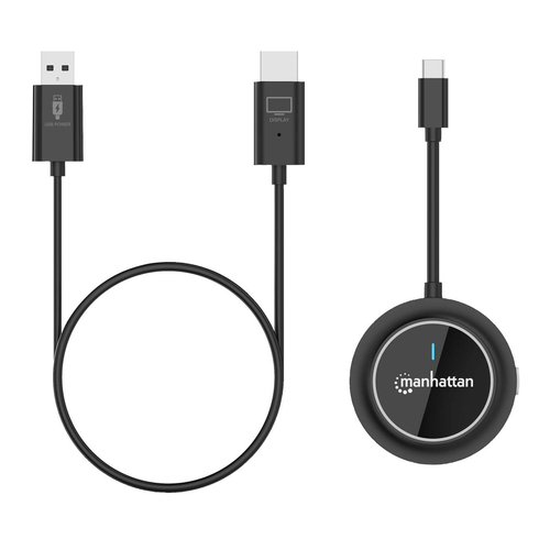 Manhattan Draadloze HDMI-presentatieset 1080p, 2-delige set met HDMI-ontvanger en USB-C-zender (dongle), voor draadloze videoweergave vanaf laptop, tablet of smartphone naar tv of HDMI-projector, zwart