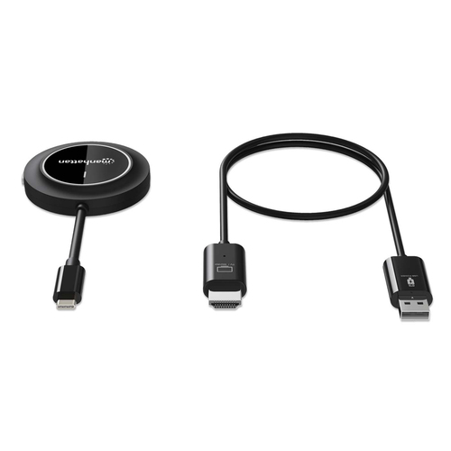 Manhattan Draadloze HDMI-presentatieset 1080p, 2-delige set met HDMI-ontvanger en USB-C-zender (dongle), voor draadloze videoweergave vanaf laptop, tablet of smartphone naar tv of HDMI-projector, zwart