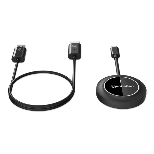 Manhattan Draadloze HDMI-presentatieset 1080p, 2-delige set met HDMI-ontvanger en USB-C-zender (dongle), voor draadloze videoweergave vanaf laptop, tablet of smartphone naar tv of HDMI-projector, zwart