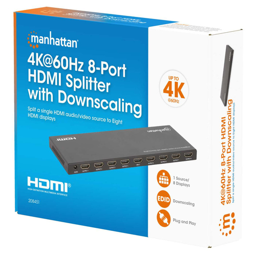 Manhattan HDMI-splitter met 8 poorten, 4K@60 Hz met downscaling, 1 ingang naar 8 uitgangen (1×8), 18 Gbps, EDID-schakelaar voor downscaling, zwart