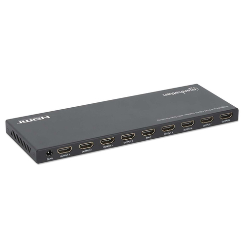 Manhattan HDMI-splitter met 8 poorten, 4K@60 Hz met downscaling, 1 ingang naar 8 uitgangen (1×8), 18 Gbps, EDID-schakelaar voor downscaling, zwart