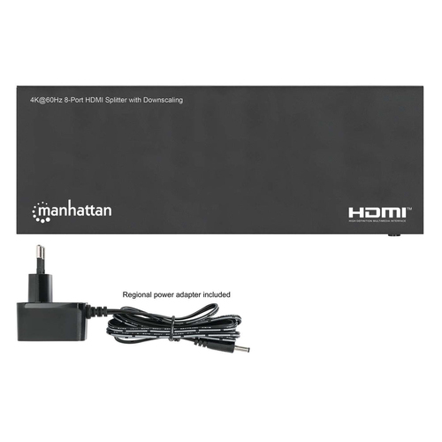 Manhattan HDMI-splitter met 8 poorten, 4K@60 Hz met downscaling, 1 ingang naar 8 uitgangen (1×8), 18 Gbps, EDID-schakelaar voor downscaling, zwart