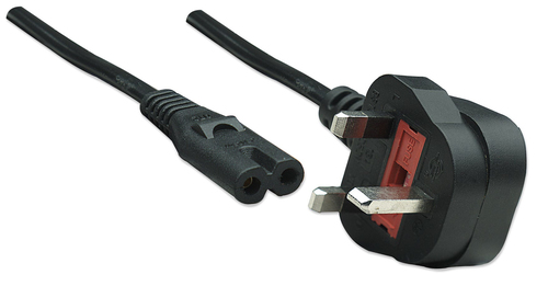 Manhattan Voedingskabel, Britse 3-polige stekker (Type G) naar C7-connector (figuur-8), 1,8 m, 13 A, zwart, netkabel, levenslange garantie