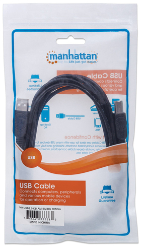 Manhattan USB-A naar USB-B kabel, 3 m, mannelijk naar mannelijk, 480 Mbps (USB 2.0), zwart, levenslange garantie, equivalent aan USB2HAB3M