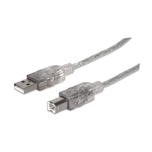 Manhattan USB-A naar USB-B kabel, 1,8 m, mannelijk naar mannelijk, 480 Mbps (USB 2.0), transparant zilver, levenslange garantie, equivalent aan USB2HAB6T