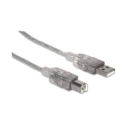 Manhattan USB-A naar USB-B kabel, 1,8 m, mannelijk naar mannelijk, 480 Mbps (USB 2.0), transparant zilver, levenslange garantie, equivalent aan USB2HAB6T