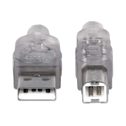 Manhattan USB-A naar USB-B kabel, 1,8 m, mannelijk naar mannelijk, 480 Mbps (USB 2.0), transparant zilver, levenslange garantie, equivalent aan USB2HAB6T
