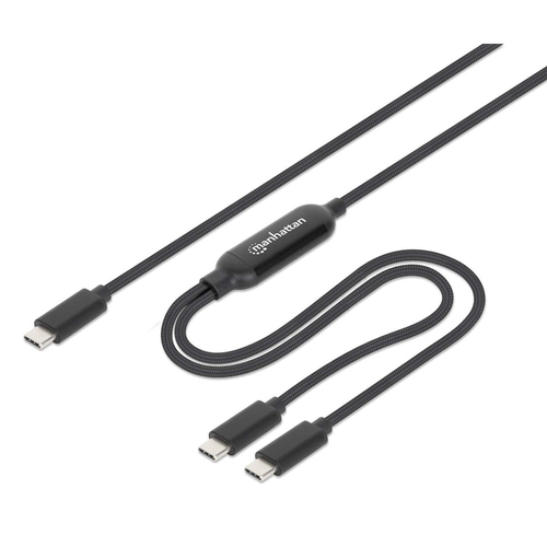 Manhattan Dubbele USB-C naar USB-C oplaadkabel, 100W, 2 m, 1x USB-C naar 2x USB-C, slimme power-splitter, tot 100W enkel of 70W + 28W, gevlochten mantel, aluminium connectoren, zwart, 3 jaar garantie