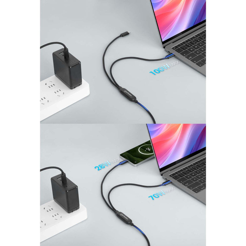 Manhattan Dubbele USB-C naar USB-C oplaadkabel, 100W, 2 m, 1x USB-C naar 2x USB-C, slimme power-splitter, tot 100W enkel of 70W + 28W, gevlochten mantel, aluminium connectoren, zwart, 3 jaar garantie