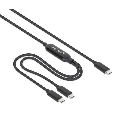 Manhattan Dubbele USB-C naar USB-C oplaadkabel, 100W, 2 m, 1x USB-C naar 2x USB-C, slimme power-splitter, tot 100W enkel of 70W + 28W, gevlochten mantel, aluminium connectoren, zwart, 3 jaar garantie
