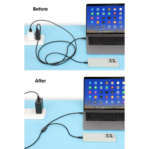 Manhattan Dubbele USB-C naar USB-C oplaadkabel, 100W, 2 m, 1x USB-C naar 2x USB-C, slimme power-splitter, tot 100W enkel of 70W + 28W, gevlochten mantel, aluminium connectoren, zwart, 3 jaar garantie