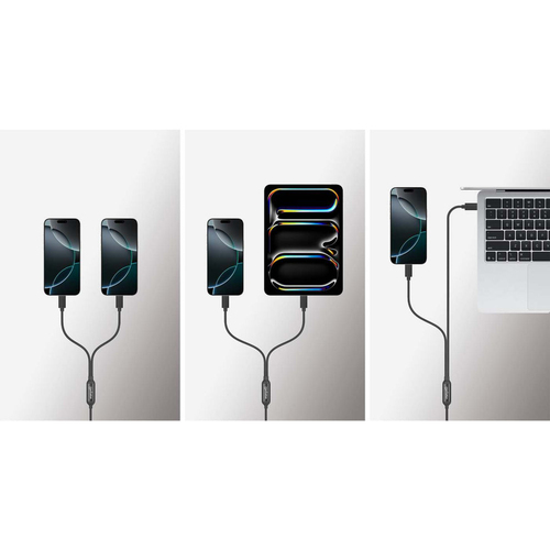 Manhattan Dubbele USB-C naar USB-C oplaadkabel, 100W, 2 m, 1x USB-C naar 2x USB-C, slimme power-splitter, tot 100W enkel of 70W + 28W, gevlochten mantel, aluminium connectoren, zwart, 3 jaar garantie