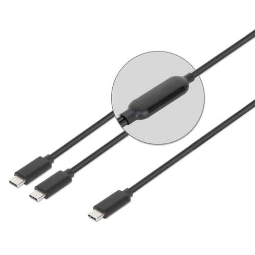 Manhattan Dubbele USB-C naar USB-C oplaadkabel, 100W, 2 m, 1x USB-C naar 2x USB-C, slimme power-splitter, tot 100W enkel of 70W + 28W, gevlochten mantel, aluminium connectoren, zwart, 3 jaar garantie