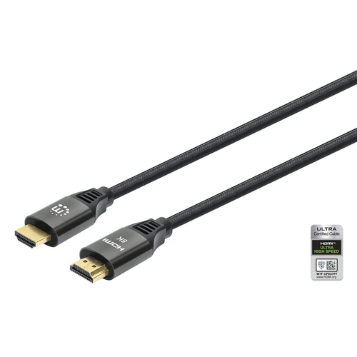 Manhattan HDMI kabel 8K@60Hz (4K@120Hz) met Ethernet, 1 m, Gecertificeerd, geschikt voor ALLE 8K/4K/1080p/HD toepassingen - upgrade nu of zorg dat het klaarstaat voor wanneer je het nodig hebtzwartzwart, mannelijk naar mannelijk, zwart, levenslange garantie