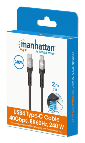 Manhattan Snelle USB-C naar USB-C kabel (240W), 2 m, 240W laptopladen + snelle data & video, werkt met alle laptops (let op: extra USB-C 240W wandlader nodig), extra lang bereik voor bureau/vloeraansluiting, 3 jaar garantie