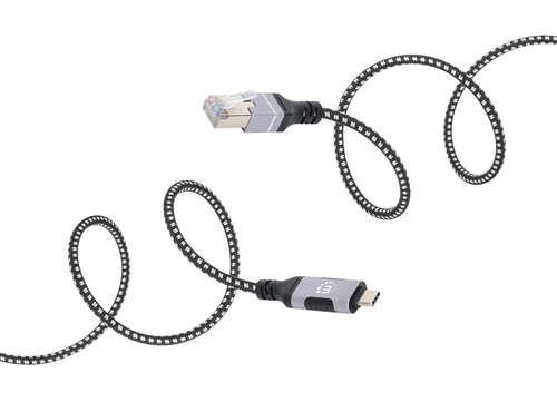 Manhattan USB-C naar Gigabit Ethernet kabel, 10/100/1000 Mbps, RJ45, 2 m, zwart/zilver, 3 jaar garantie