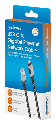 Manhattan USB-C naar Gigabit Ethernet kabel, 10/100/1000 Mbps, RJ45, 2 m, zwart/zilver, 3 jaar garantie