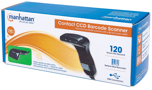 Manhattan Contact CCD handheld barcodescanner, USB, scanbreedte 80 mm, kabel 1,52 m, max. 3.000 lux, zwart, 3 jaar garantie