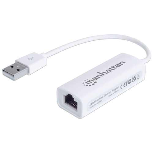 Manhattan USB-A Fast Ethernet adapter, 10/100 Mbps, 480 Mbps (USB 2.0), RJ45, wit, 3 jaar garantie