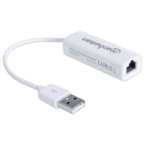 Manhattan USB-A Fast Ethernet adapter, 10/100 Mbps, 480 Mbps (USB 2.0), RJ45, wit, 3 jaar garantie