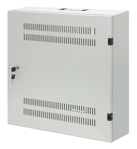 Intellinet Low-profile 19" wandkast met 4U horizontale en 2U verticale rails, slanke ruimtebesparende behuizing met slechts 170 mm diepte, ideaal voor AV/multimedia/surveillance, gemonteerd, grijs RAL 7035