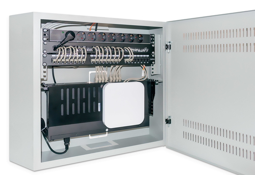 Intellinet Low-profile 19" wandkast met 4U horizontale en 2U verticale rails, slanke ruimtebesparende behuizing met slechts 170 mm diepte, ideaal voor AV/multimedia/surveillance, gemonteerd, grijs RAL 7035