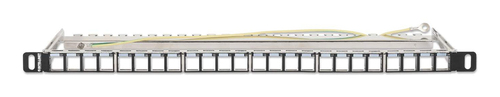 Intellinet 24-poorts afgeschermd leeg patchpanel, 0,5U, 19" keystone high-density ontwerp, uitneembare kabelmanagementbalk, geschikt voor Cat6/Cat6A modules, zwart