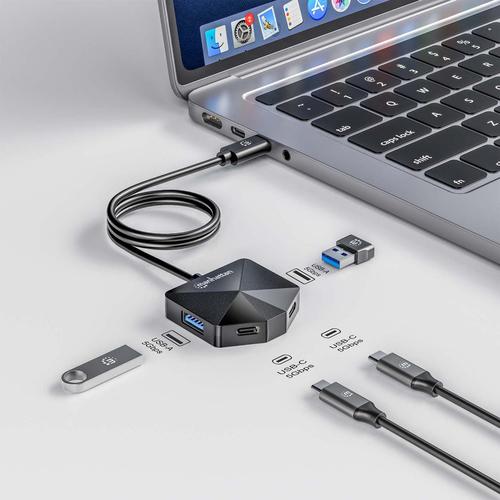 Manhattan USB-C & USB-A combo dock/hub, poorten (4): USB-A (2×) + USB-C (2×), 5 Gbps (USB 3.0), hoekvorm voor makkelijke toegang, USB-gevoed (geen externe voeding vereist)