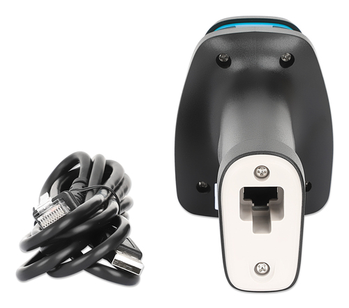 Manhattan 2D long-range LED barcodescanner met USB-interface, leesafstand tot 450 mm, geschikt voor max. 100.000 lux omgevingslicht, ondersteunt 1D (21) en 2D (10) barcodes, RJ45-naar-USB kabel 1,8 m inbegrepen