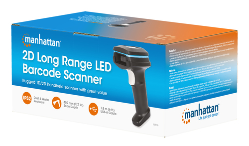 Manhattan 2D long-range LED barcodescanner met USB-interface, leesafstand tot 450 mm, geschikt voor max. 100.000 lux omgevingslicht, ondersteunt 1D (21) en 2D (10) barcodes, RJ45-naar-USB kabel 1,8 m inbegrepen