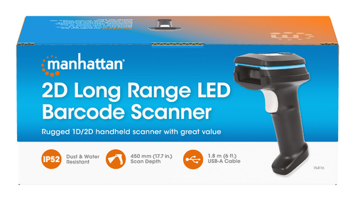 Manhattan 2D long-range LED barcodescanner met USB-interface, leesafstand tot 450 mm, geschikt voor max. 100.000 lux omgevingslicht, ondersteunt 1D (21) en 2D (10) barcodes, RJ45-naar-USB kabel 1,8 m inbegrepen