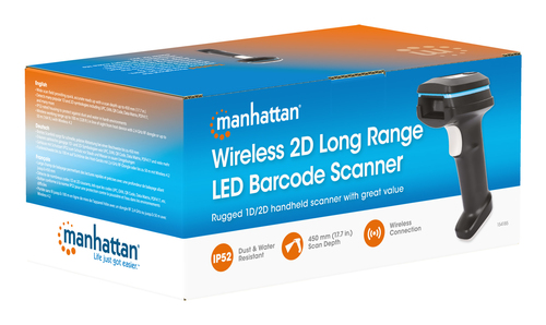 Manhattan Draadloze 2D handheld barcodescanner, scandiepte 250 mm, tot 80 m effectief bereik (line-of-sight), max omgevingslicht 100.000 lux (zonlicht), zwart, oplaadkabel (USB-A naar USB-C in apparaat) 1 m inbegrepen, 3 jaar garantie