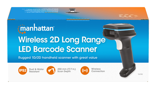 Manhattan Draadloze 2D handheld barcodescanner, scandiepte 250 mm, tot 80 m effectief bereik (line-of-sight), max omgevingslicht 100.000 lux (zonlicht), zwart, oplaadkabel (USB-A naar USB-C in apparaat) 1 m inbegrepen, 3 jaar garantie