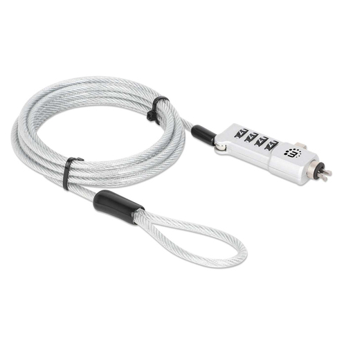 Manhattan Universeel combinatieslot voor laptop (Noble Wedge®, Nano en K-Slot), 3-in-1 diefstalbeveiliging, resetbare 4-cijferige combinatie, kabel van 1,8 m van koolstofstaal, snijbestendig, PVC-coating transparant, zilver