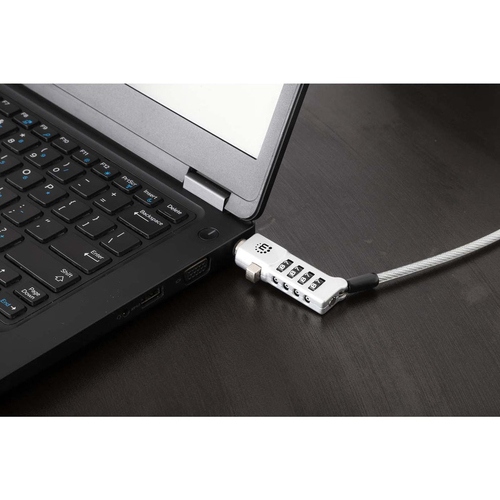 Manhattan Universeel combinatieslot voor laptop (Noble Wedge®, Nano en K-Slot), 3-in-1 diefstalbeveiliging, resetbare 4-cijferige combinatie, kabel van 1,8 m van koolstofstaal, snijbestendig, PVC-coating transparant, zilver