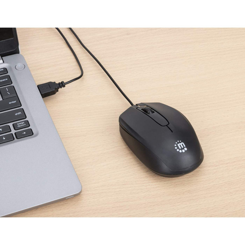 Manhattan Comfort II bedrade USB-muis, 1000 dpi, USB-A, optisch, ambidextrous, 3 knoppen + scrollwiel, zwart, 3 jaar garantie