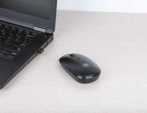 Manhattan MW3050 draadloze optische muis, zwart, 1200 dpi, 2,4 GHz (tot 10 m), USB, ambidextrous, 3 knoppen + scrollwiel, nano USB-A ontvanger, AA-batterij (incl.), lage wrijving onderzijde, USB-A, 3 jaar garantie