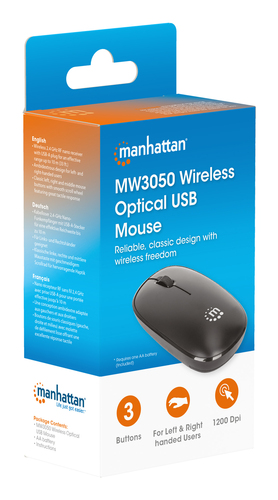 Manhattan MW3050 draadloze optische muis, zwart, 1200 dpi, 2,4 GHz (tot 10 m), USB, ambidextrous, 3 knoppen + scrollwiel, nano USB-A ontvanger, AA-batterij (incl.), lage wrijving onderzijde, USB-A, 3 jaar garantie