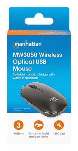 Manhattan MW3050 draadloze optische muis, zwart, 1200 dpi, 2,4 GHz (tot 10 m), USB, ambidextrous, 3 knoppen + scrollwiel, nano USB-A ontvanger, AA-batterij (incl.), lage wrijving onderzijde, USB-A, 3 jaar garantie